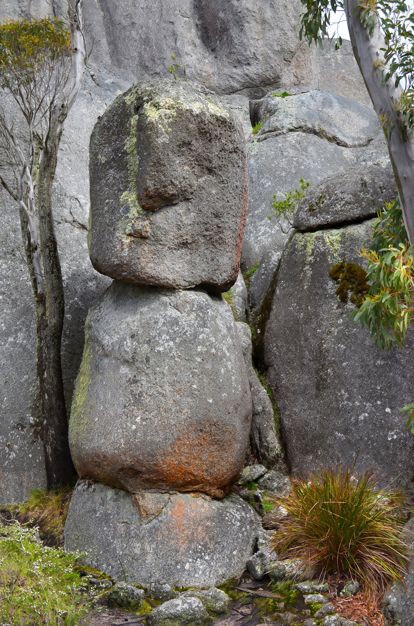 Stack of large gray stones with a face-like formation in a natural setting