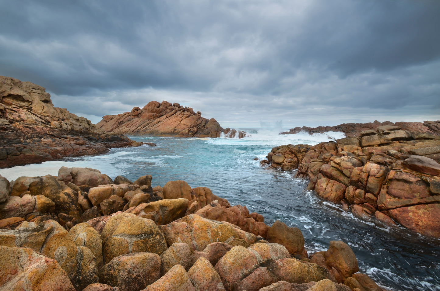 Canal Rocks channel with fast-moving tidal water and strong currents rushing through the narrow, rocky gaps.
