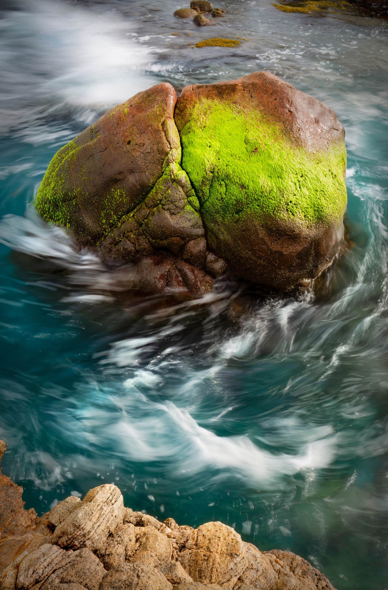 Moss rocks cyan blue ocean cape naturaliste colourful