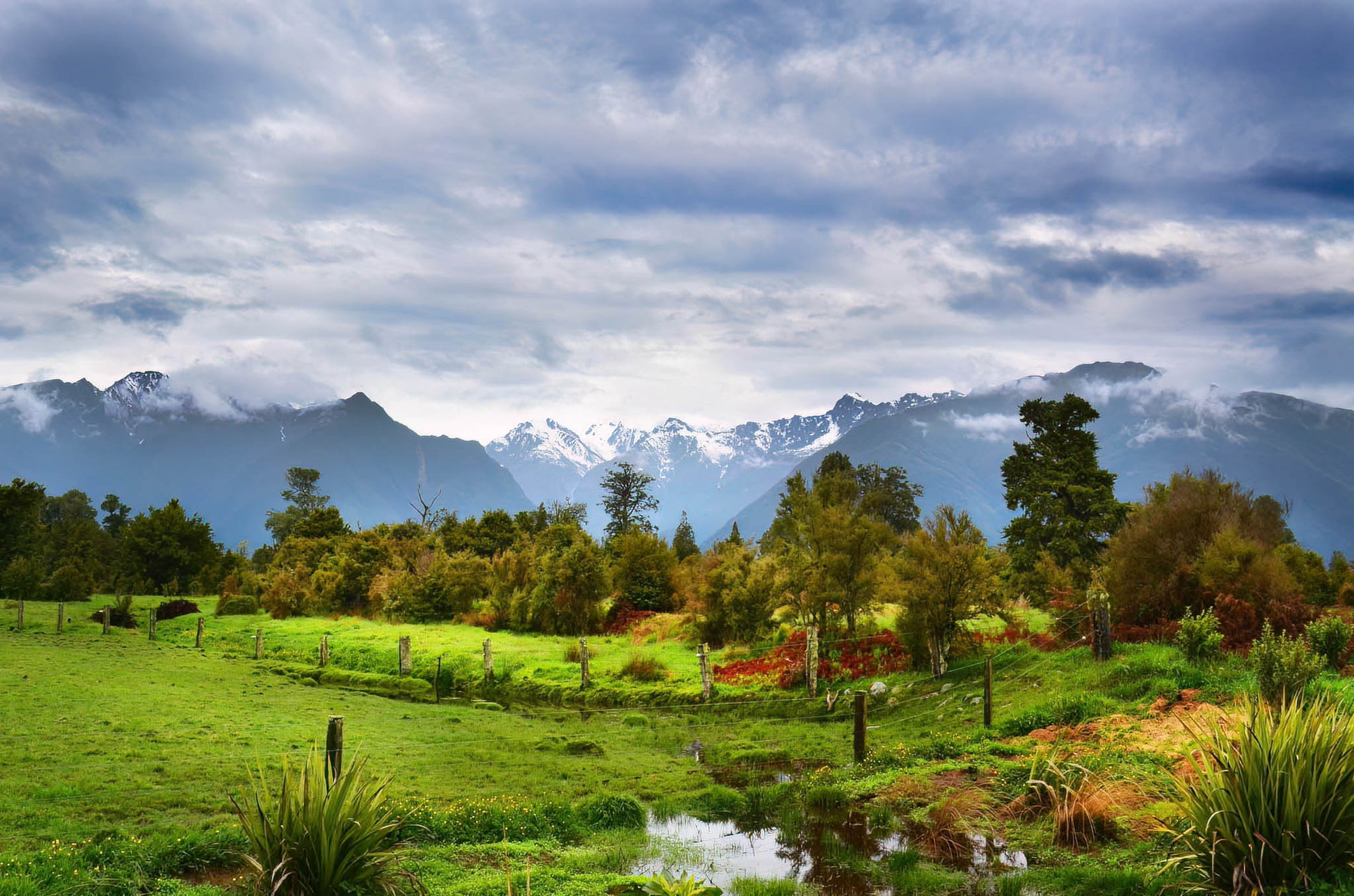 Scenic landscape with green fields, trees, and mountains under a cloudy sky.
