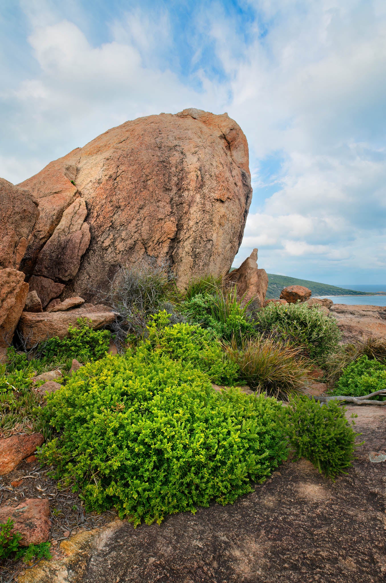 Large rock formation with green shrubs under a blue sky with clouds
