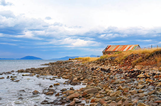 tasmania boat shed lake storm clouds scenic