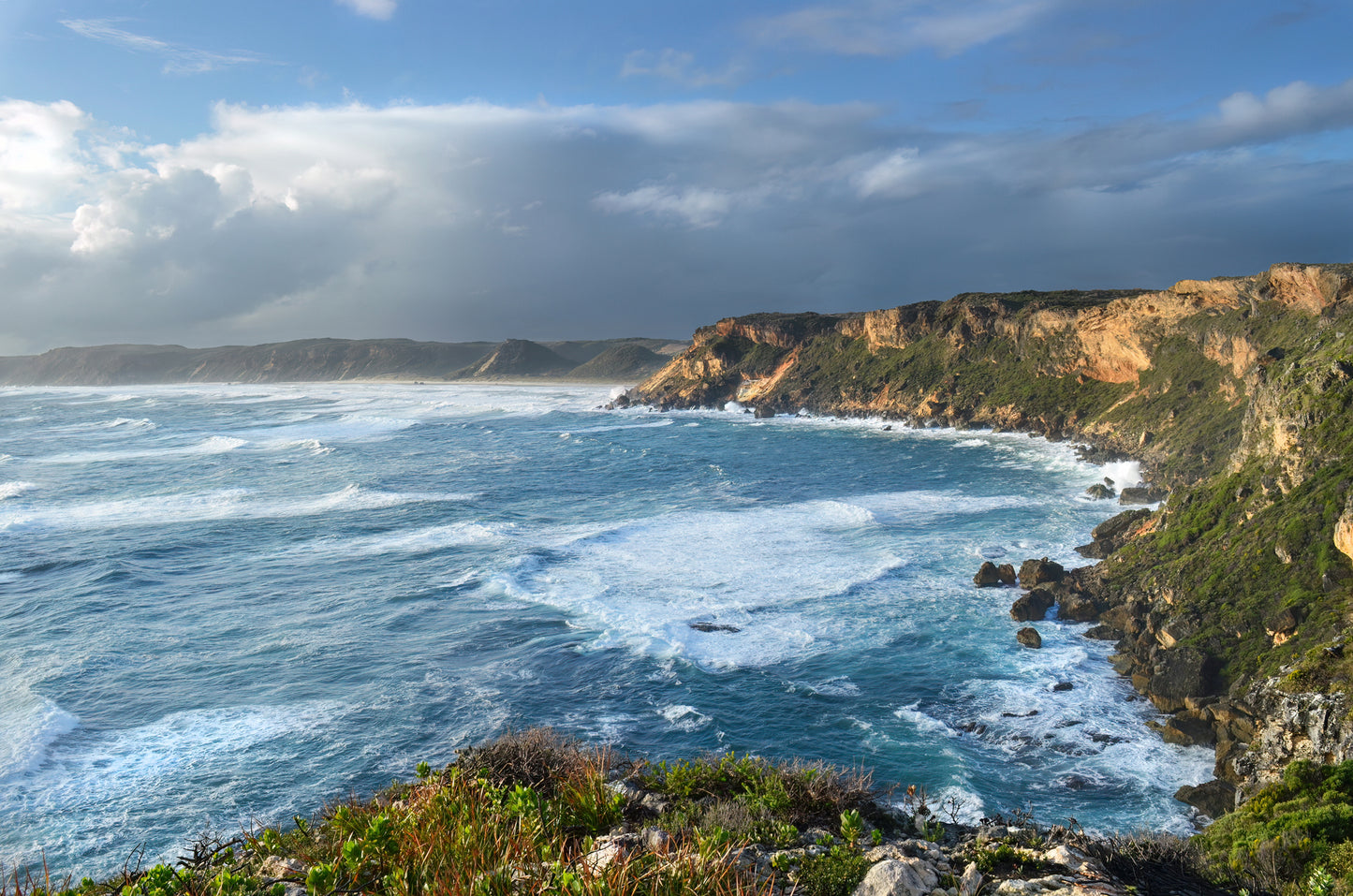 Morning sunlight illuminating rugged coastline at Windy Harbour, Western Australia.